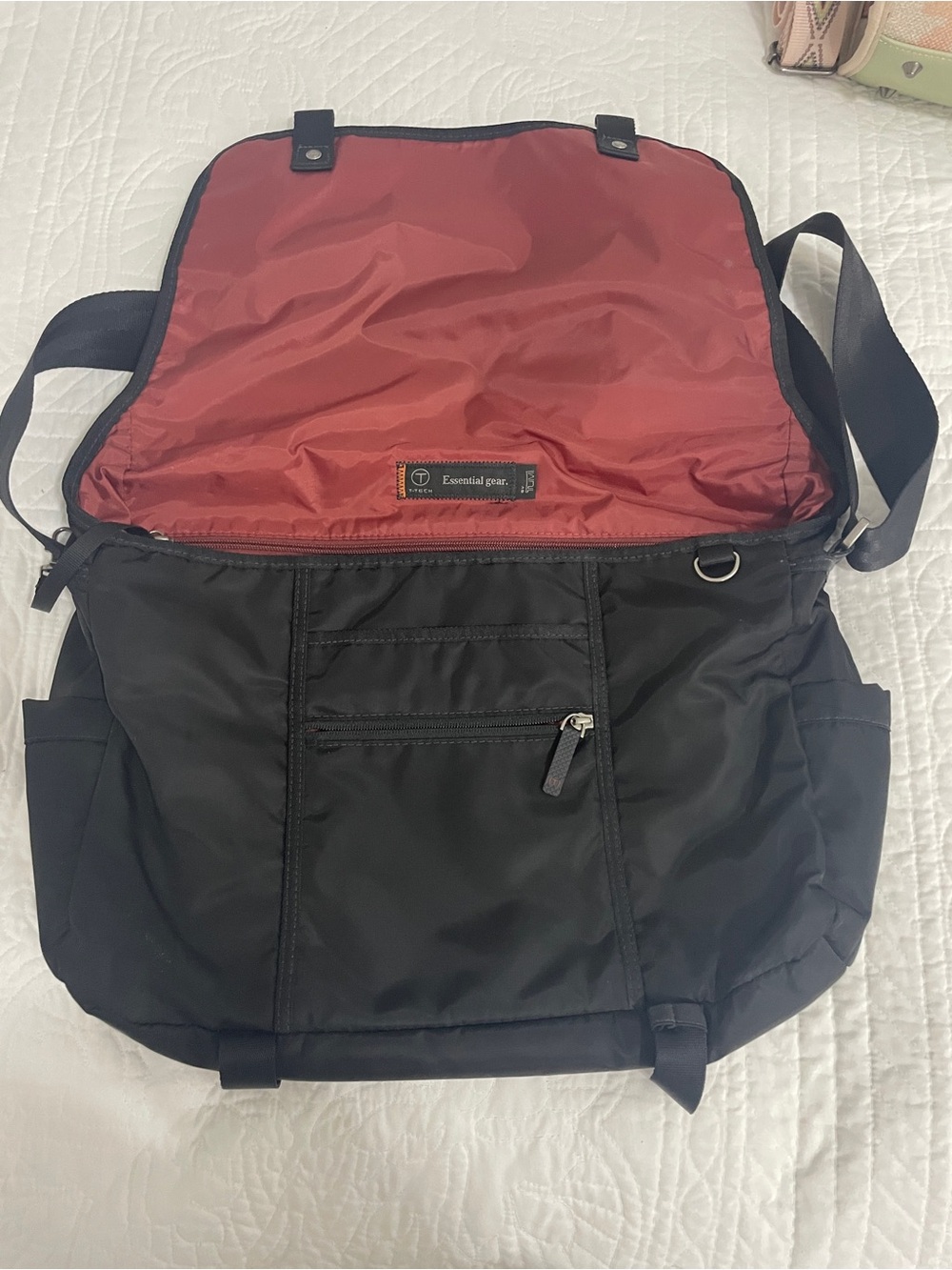 Tumi Black Messenger Bag with Red Interior